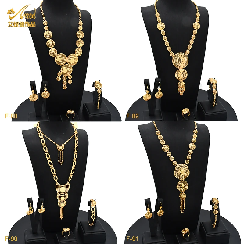 

Dubai Copper Necklace Set African Big Pendant Gold Color Flower Jewelry Sets Wedding Party Ethiopian Luxury Jewellery For Women