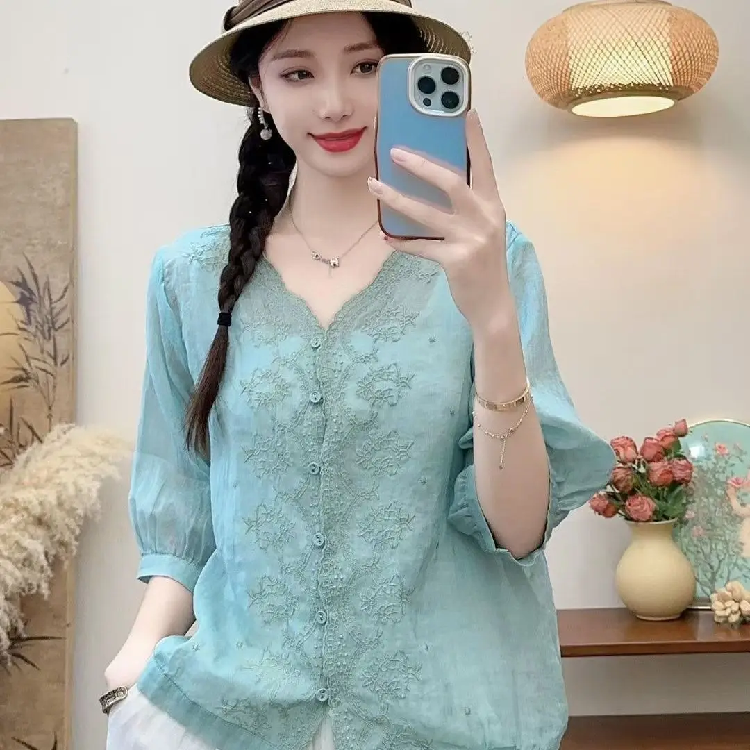 

Loose Cotton Linen Shirt Women's Lazy Style Large Size Summer New Retro Embroidery Versatile Top Match All Cotton Linen Coat