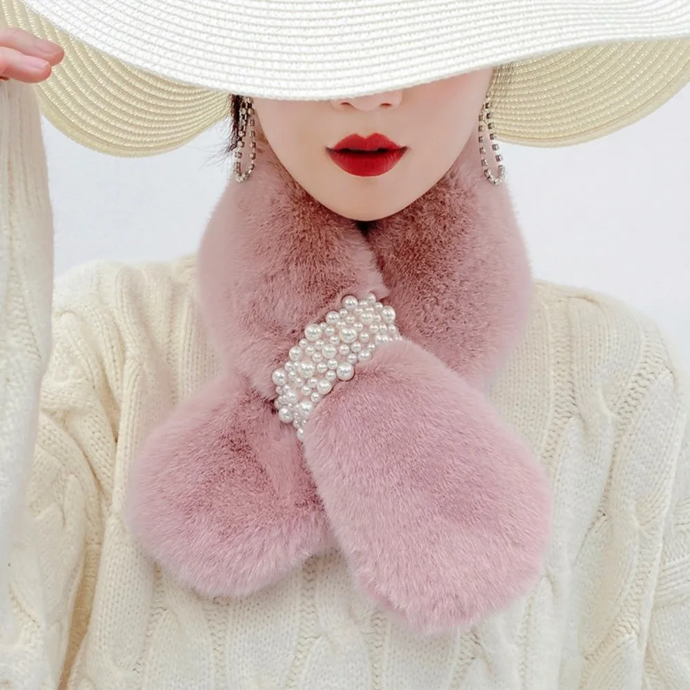 Fashion Solid Color Cross Scarf Faux Rabbit Fur Pearl Decoration Neckerchief Wrap Warm Thicken Neck Warmer Winter