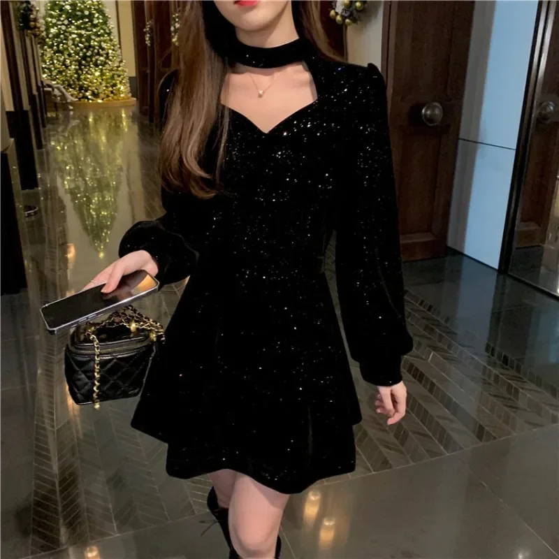 여성 스팽글 Wram 빈티지 드레스 레드 벨벳 파티 미니 드레스 Y2k 숙녀 캐주얼 한국어 우아한 a 라인 드레스 Sweet Vestidos 원피스