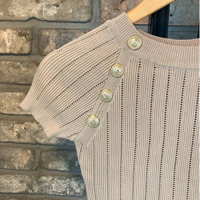Camisola de malha fina camisola feminina verão o pescoço casual botão suéteres feminino sólido elegante manga curta topos femme