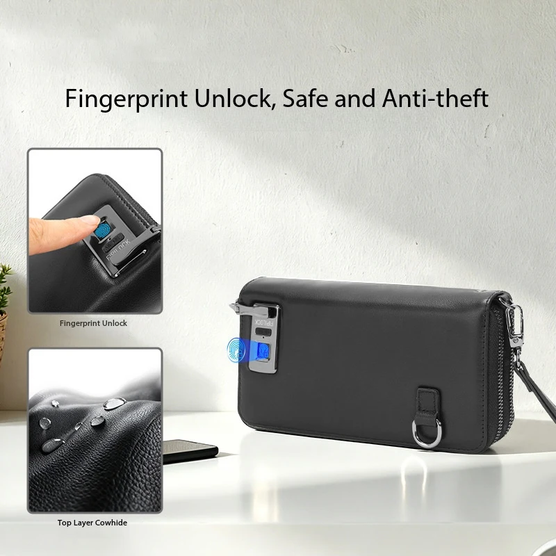 New High-End Genuine Leather Business Men's Wallet with Fingerprint Lock, Large Capacity, Multi-Function Card Holder for Men