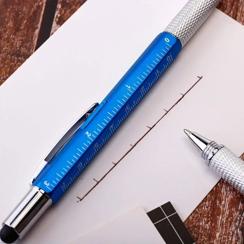 قلم حبر جاف متعدد الوظائف 7 في 1 مع أداة قياس يدوية حديثة ومفك براغي مسطرة تقنية وشاشة تعمل باللمس ومستوى الروح