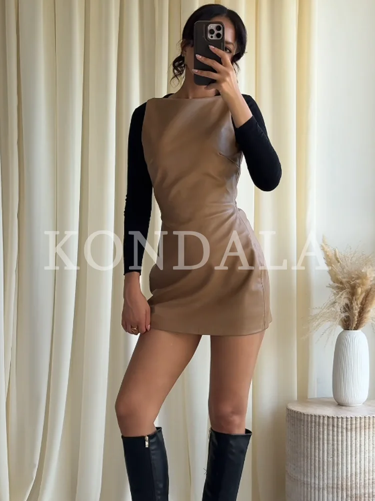 KONDALA Damen Casual PU-Leder Ärmelloses Kleid Elegantes Minimalistisches Vielseitiges Minikleid 2026 Herbst Trendiges High-Street Slim-Kleid – Detail 2