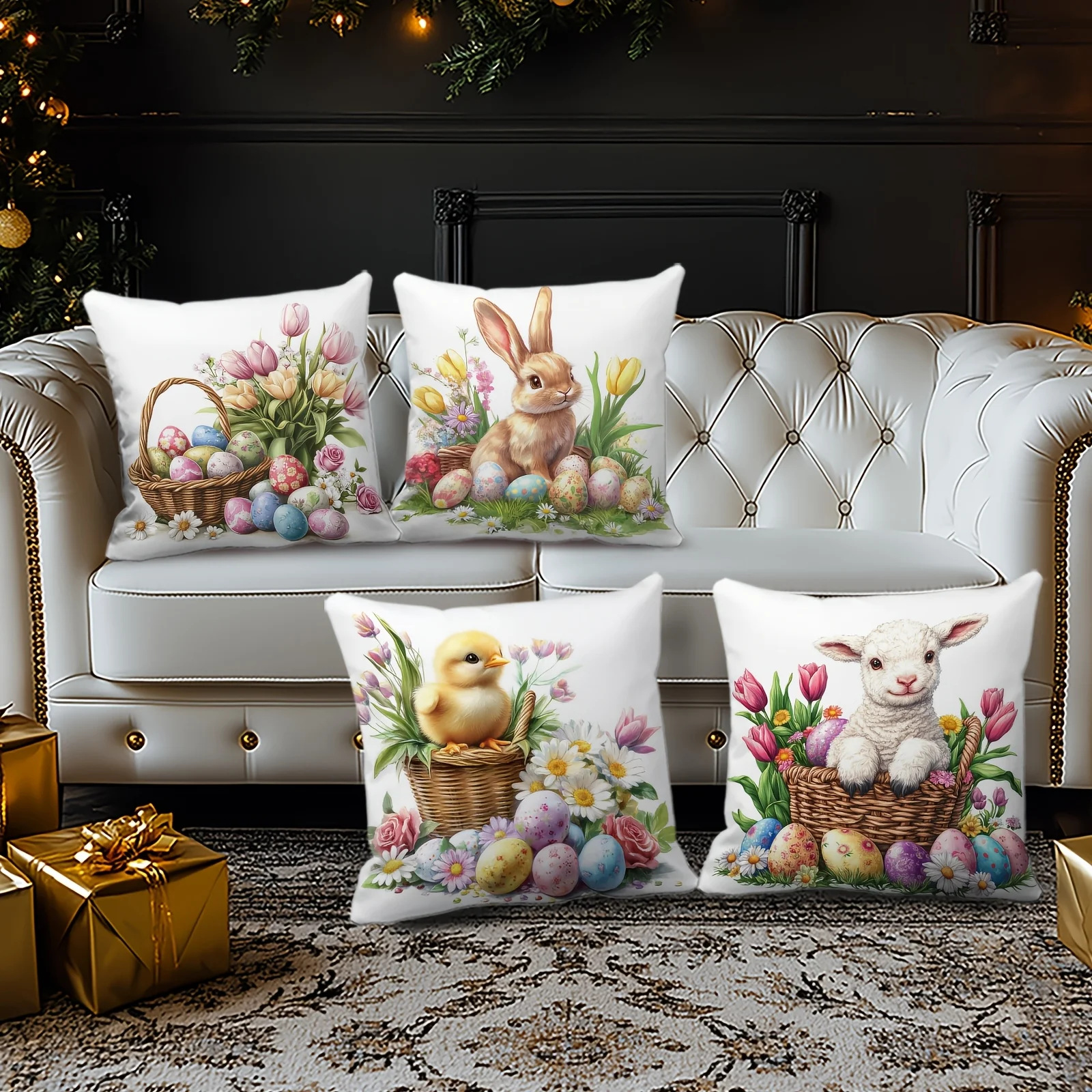 Set of 4 Printed Spring Easter Throw Pillow Covers Floral Eggs Rabbit Chicks Animals Cottage Style Cushion Decor