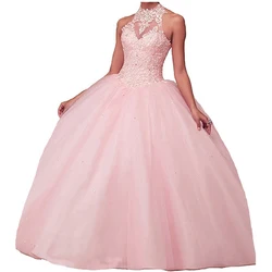 CharmingBridal Beaded Sweet 16 Dresses Puffy Halter Neck Prom Graduation Ball Gown Quinceanera Dress Vestido De Quinceañera