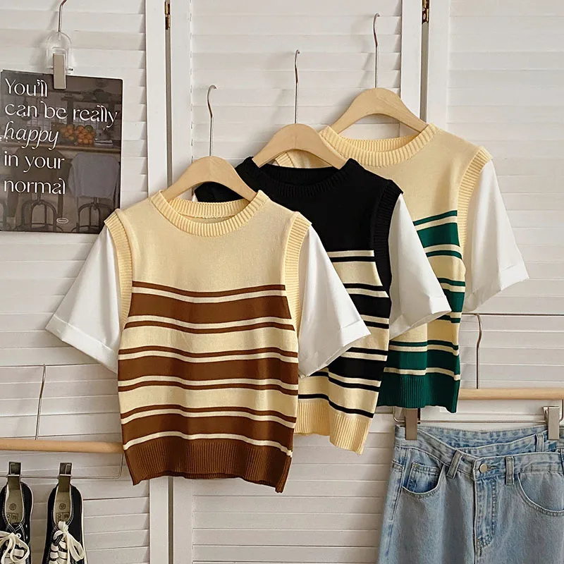 

Boring Honey Summer Striped Fake Two Pieces T-Shirt Women Fashion O-Neck Knitting Tops Women Casual All-Match Short Sleeve Tee