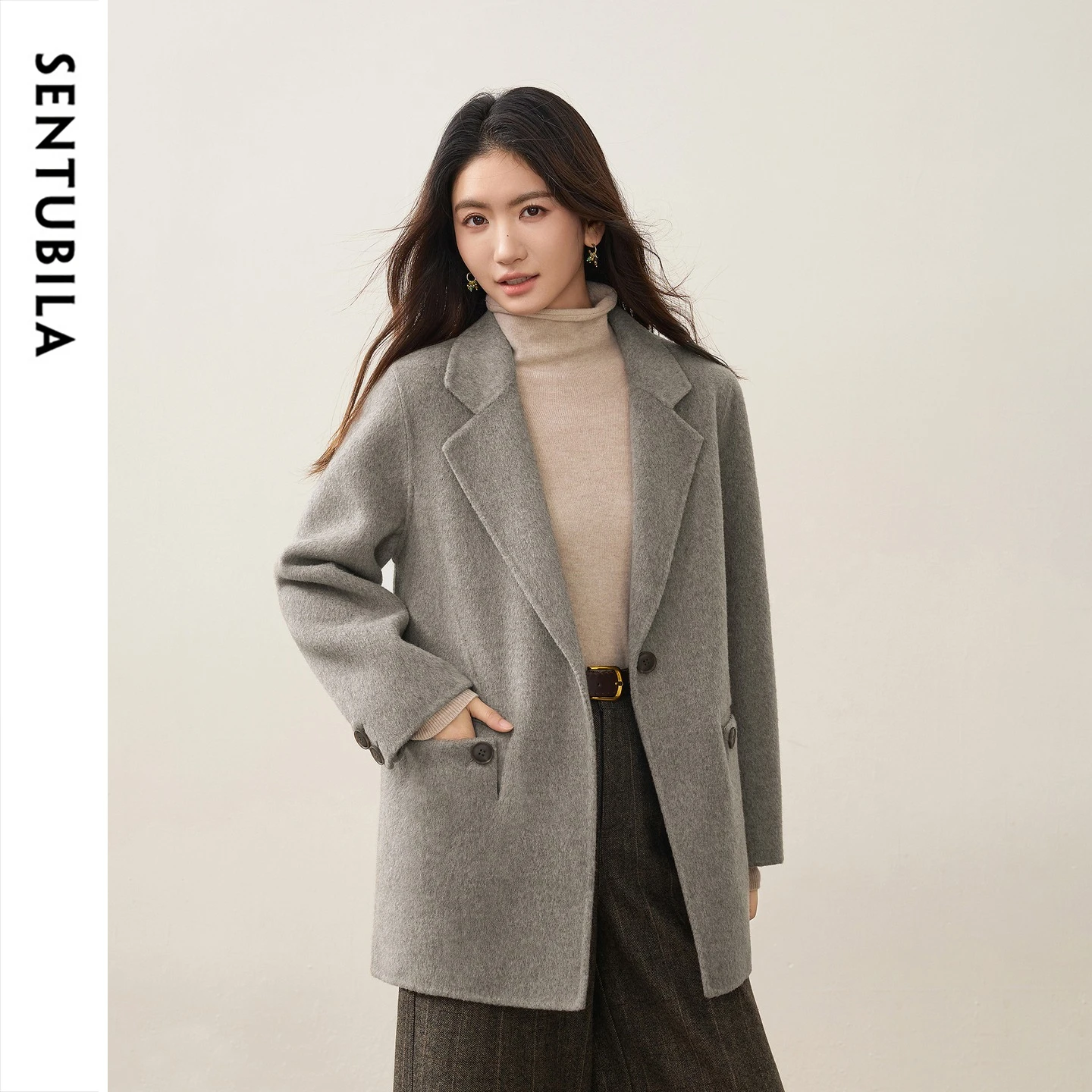 SENTUBILA Women's Winter Jacket Office Loose 2026 Thick Double Face Wool Coat Casual Mocha Notched Collar Outerwear W64OA7628