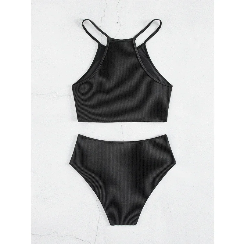 Tankini de cintura alta monocromático feminino, biquíni suspenso de duas peças, roupa de banho de praia com decote em U, fio sexy, verão, Y105, 2024