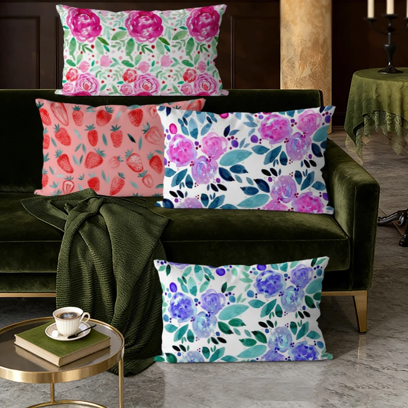 Aquarell-Blumen-Erdbeer-Lendenkissenbezüge, geeignet für Sofa, Schlafzimmer, Auto, Kissenbezug, rechteckiges Rückenkissen