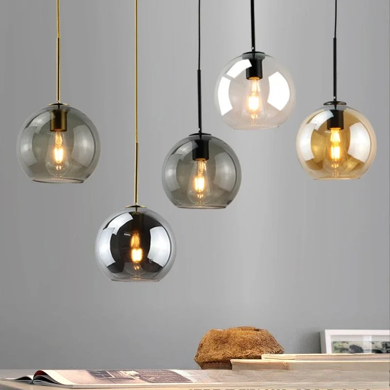 Simple Glass Ball Chandelier Modern Hanging Lights for Dining Room Bar Kitchen Smoky Gray Led Lamp