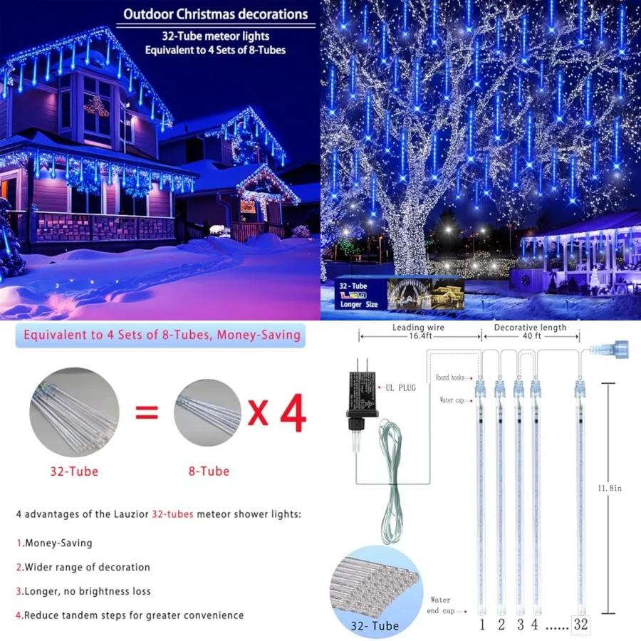 Christmas Lights Outdoors, 32 Tubes Equivalent to 4 Sets of 8-Tubes Meteor Shower Rain Lights - lcicle Christmas Light Outdoor