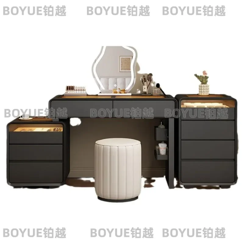 Black Solid Wood Dresser with Ambient Light Simple Makeup Table Bedroom Nightstand Storage Cabinet Integrated Vanity Unit