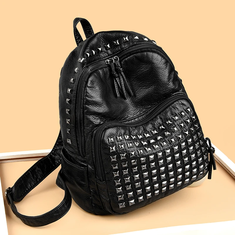 2026 New Vintage Washed Leather Studded Backpack Women Punk Rivet Soft Leather Mini Backpack Daily Travel School Shoulder Bag