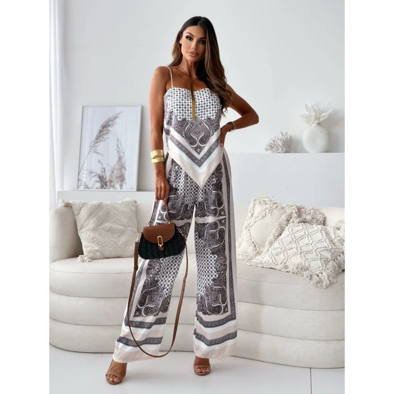 Women New Printed Sleeveless Camis Tank Top High Waist Long Pants Summer Fashion 2pcs Clothes Set