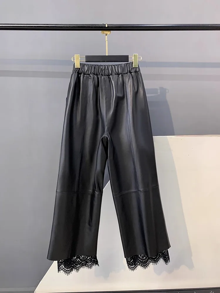 الخريف المرأة مرونة الخصر فضفاضة تناسب بنطال ذو قصة أرجل واسعة الكاحل طول الدانتيل تقسم جلد الغنم حقيقية بنطال جلدي ملابس الشارع الشهير غير رسمية #3