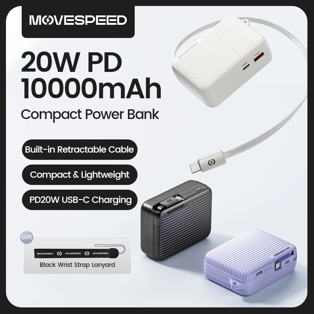 MOVESPEED P09 Mini Power Bank 10000mAh 22.5W Fast Charge Built-in Type C Cable Portable Battery for iPhone 16 15 iPad Galaxy S24