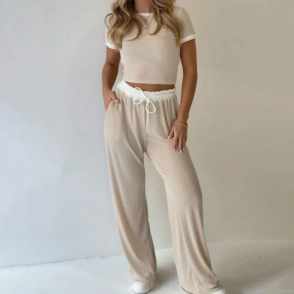 

Casual Sport Two Piece Set Women Outfits 2026 Fashion Short Sleeve O-neck Crop Tops And Wide Leg Pants Sets Suits Elegant