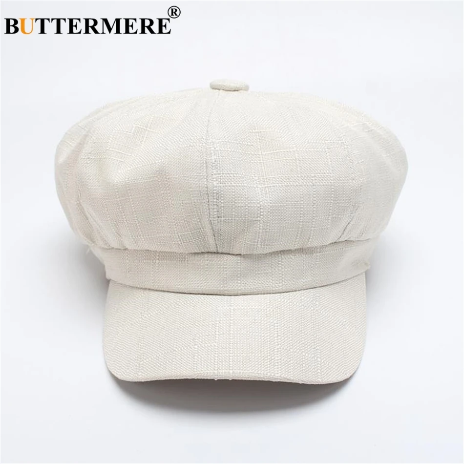 BUTTERMERE Linen Newsboy Cap Women White French Painter Hat Ladies Spring Summer Beret Female New Octagonal Cap Baker Boy Hat