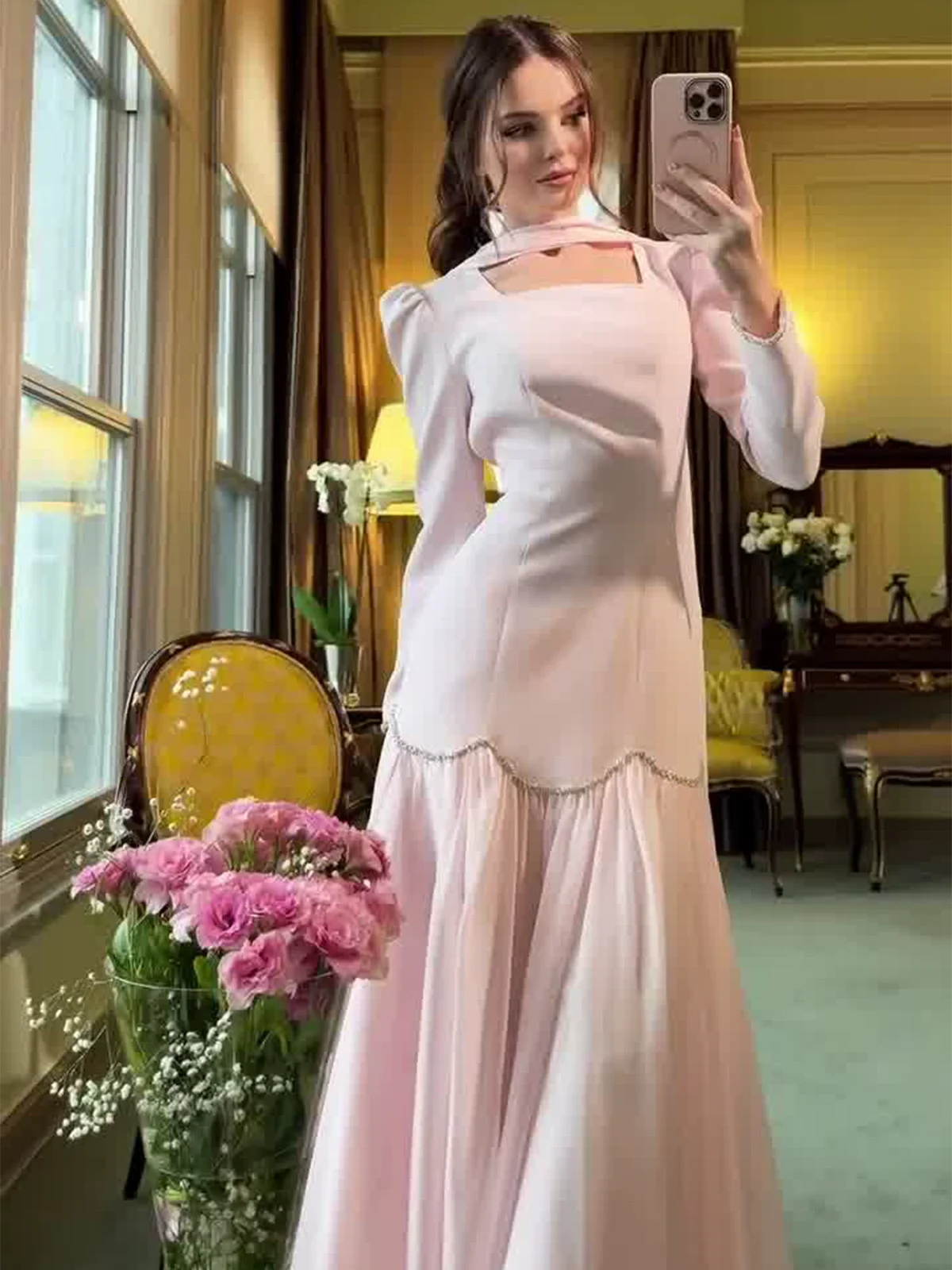 

2025 New Arrivals Handmade Diamonds Design Long Sleeve Ladies Slim Dress Mesh Patchwork Elegant Party Maxi Dresses Real Photo
