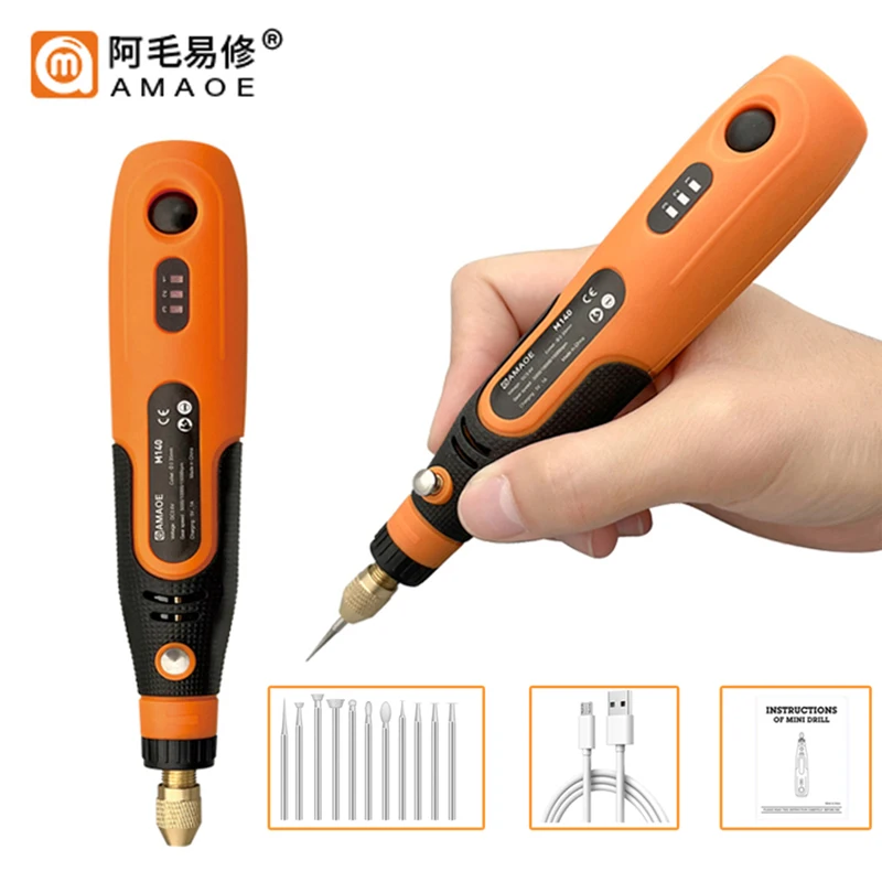 AMAOE M140 Rechargeable 3-Speed Electric Polishing Pen with 11 Grinding Heads for Polishing Drilling Cutting IC Chip Repair