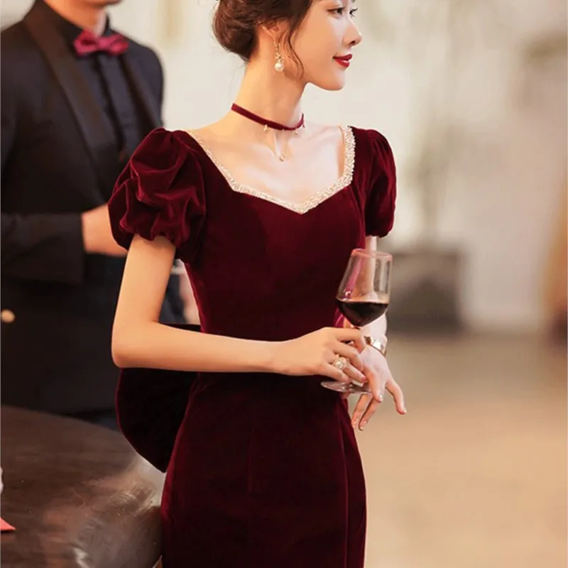 

Fishtail wine red toasting dress women return to host the banquet light luxury canary long