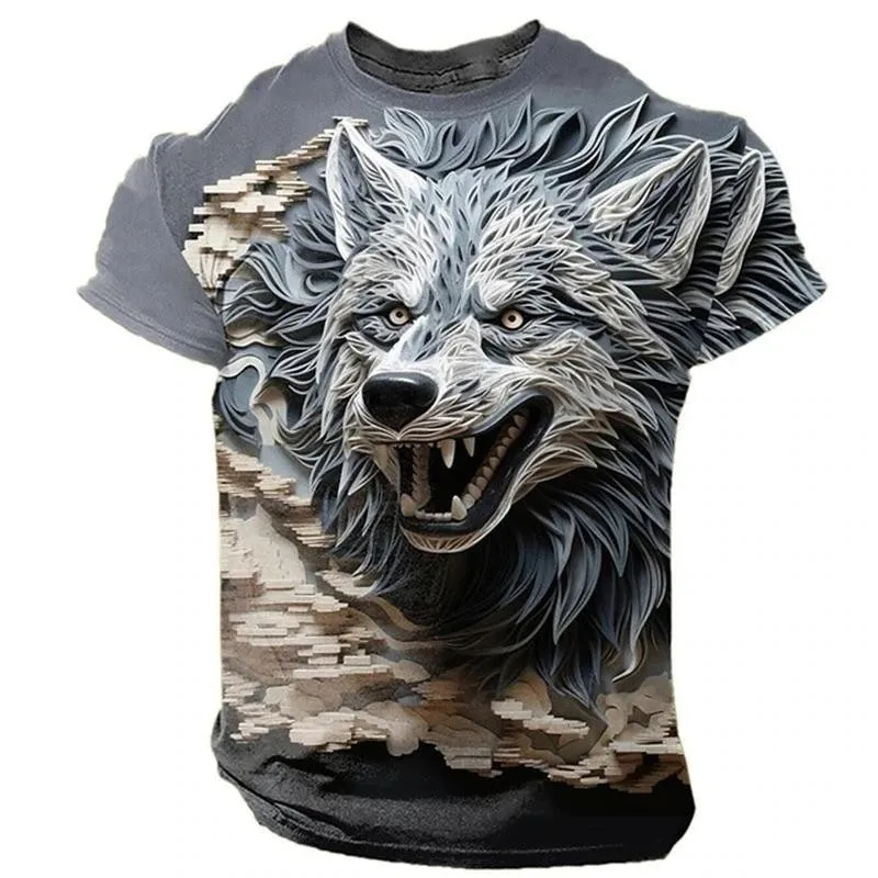 

3D Wolf Pattern Printed T-Shirt Men's Hip-Hop Trendy Harajuku Street Fashion Animal Casual Round Neck Short-Sleeved Top 3D