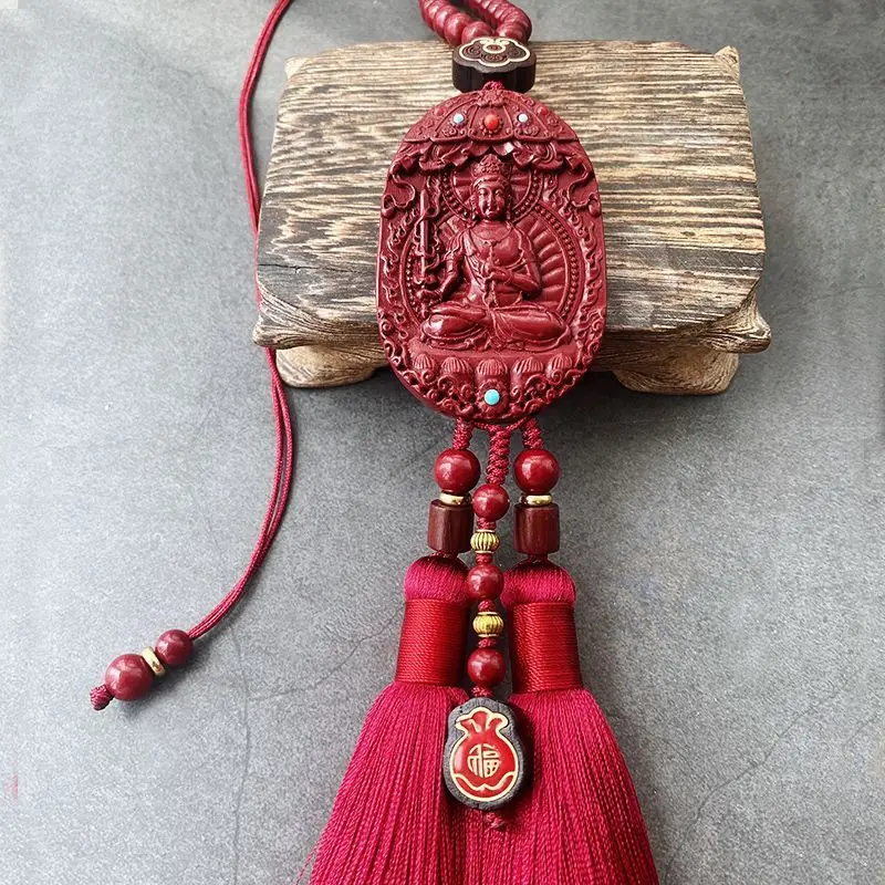 Chinese Style Cinnabar Zodiac Patron Buddha Car Rearview Mirror Pendant Lucky Blessing Wealth Attracting Tassel Ornament For Aut