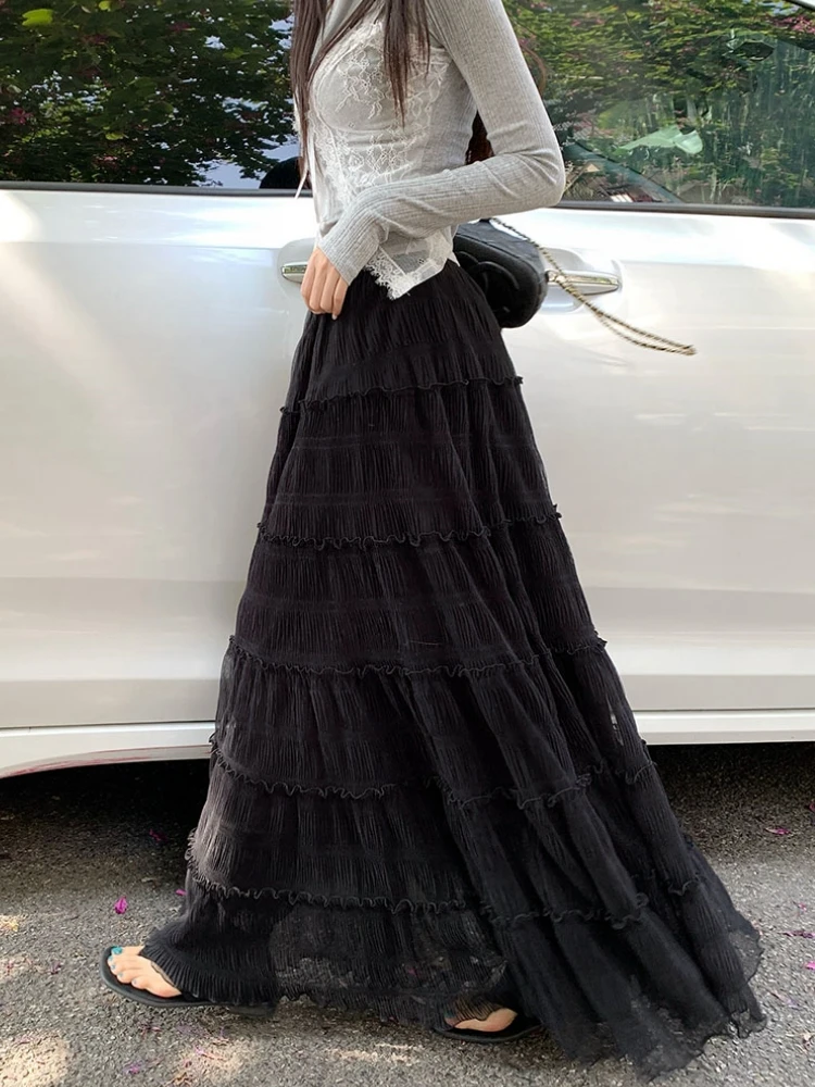 

Maxi Long Skirts Women White Black Spring Summer Skirt Korean Casual High Waist Ladies Splicing A-Line Ruffle Pleated Skirt rok