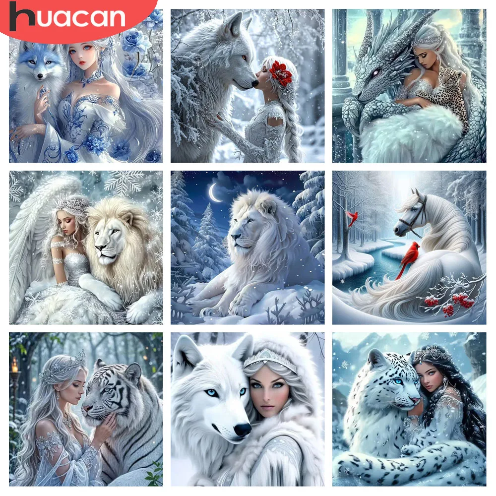 HUACAN Diamond Mosaic Complete Kit Girl Lion Portrait Winter Animal Full Kits Diamond Painting Wolf Tiger Horse Home Decor