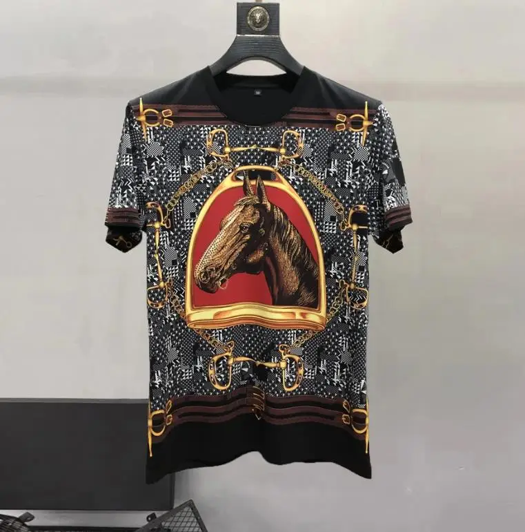 European and American men's wear summer 2024 new Short sleeves vintage horse stamping diamond print Fashion T-shirt round neck