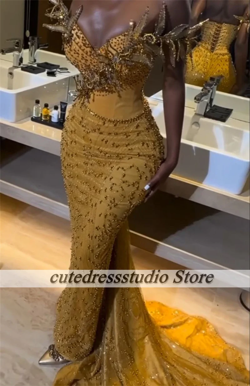 Vestidos de noite formais dourados para mulheres, miçangas aso ebi, sereia, festa de casamento, vestido de baile africano, vestidos de gala personalizados