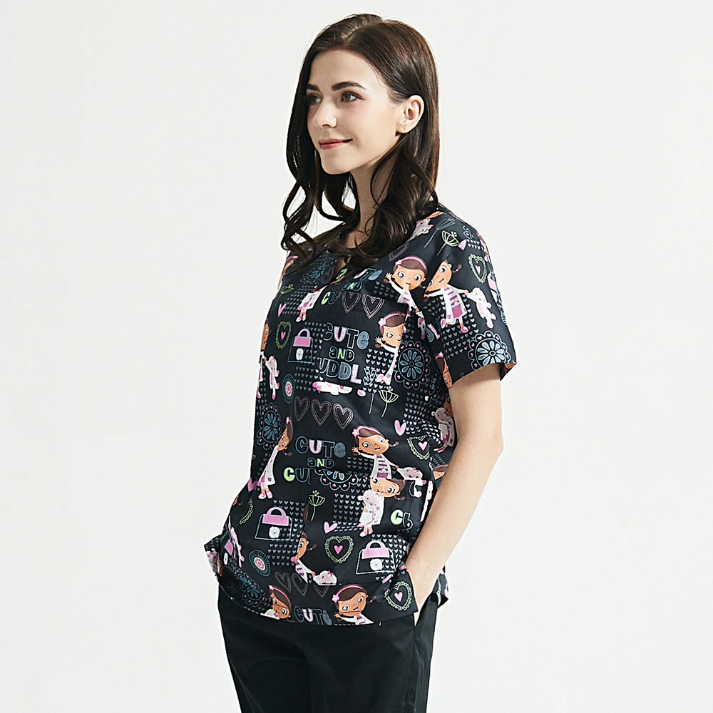 Медицинская униформа для стоматологии, с мультяшным принтом, Медицинские костюмы с короткими рукавами, с V-образным вырезом, из 100% хлопка, комплекты одежды для работы в лаборатории