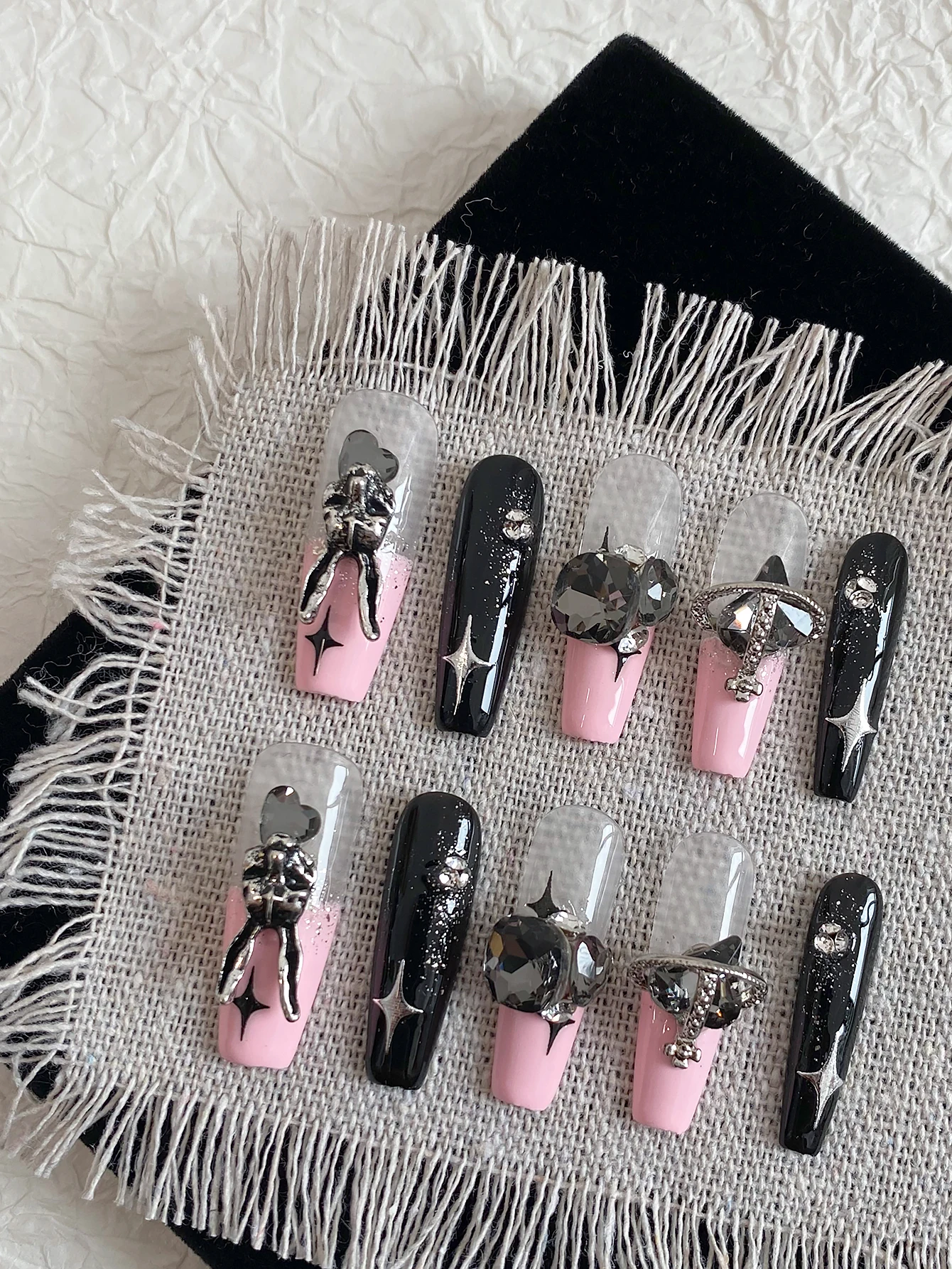 Pink Black French Press On Nails,Long Coffin Fake Nails with 3D Rabbit,Planet Charms & Star Rhinestones,Handmade Reusable Goth
