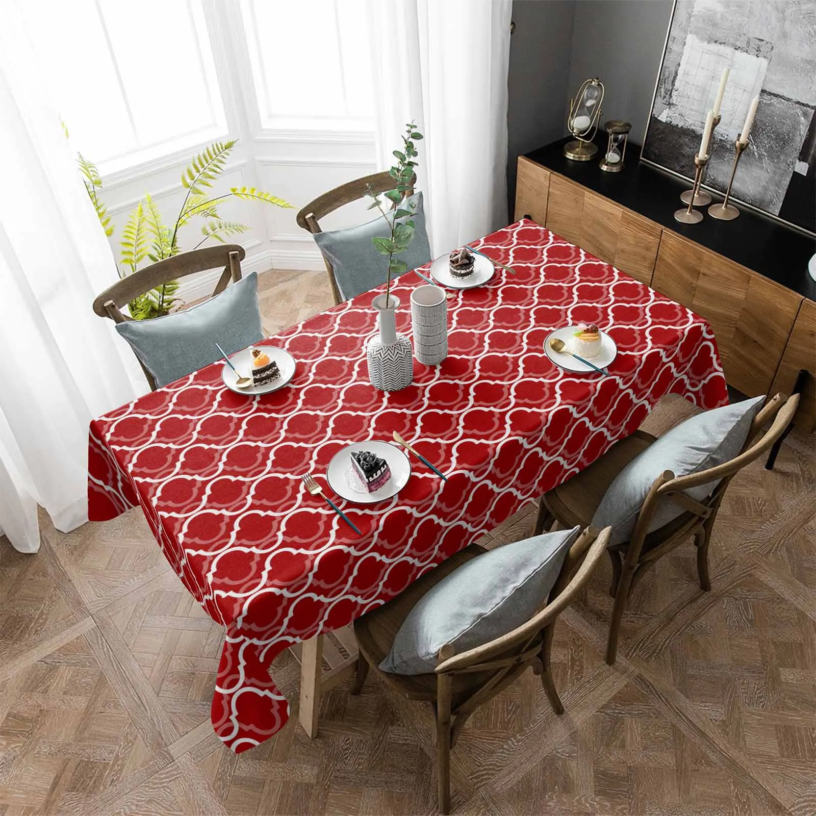 Red Geometric Figures Moroccan Pattern Waterproof Tablecloth Party Decorations Rectangle Table Cloth Kitchen Table Decor