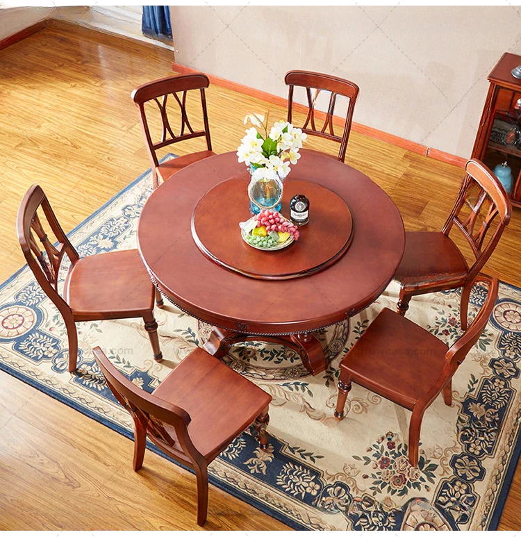 American Style All Solid Wood Dining Room Table and Chair Set Modern Extended Round Table 6 Chairs