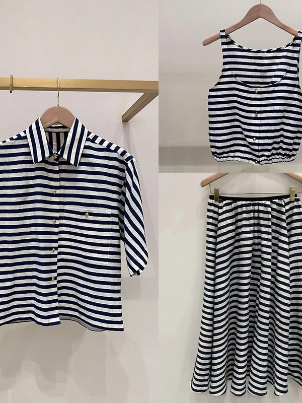 

Fashionable Wide Blue White Stripes Collared Shirt round Neck Vest Long Half Skirt Set Women's Spring Summer Ageless Series