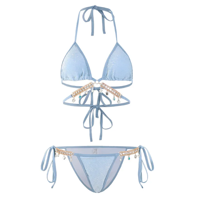 Swimsuit woman fish drill chain pure desire wind strap triangle bikini three-point ins sexy holiday swimsuit