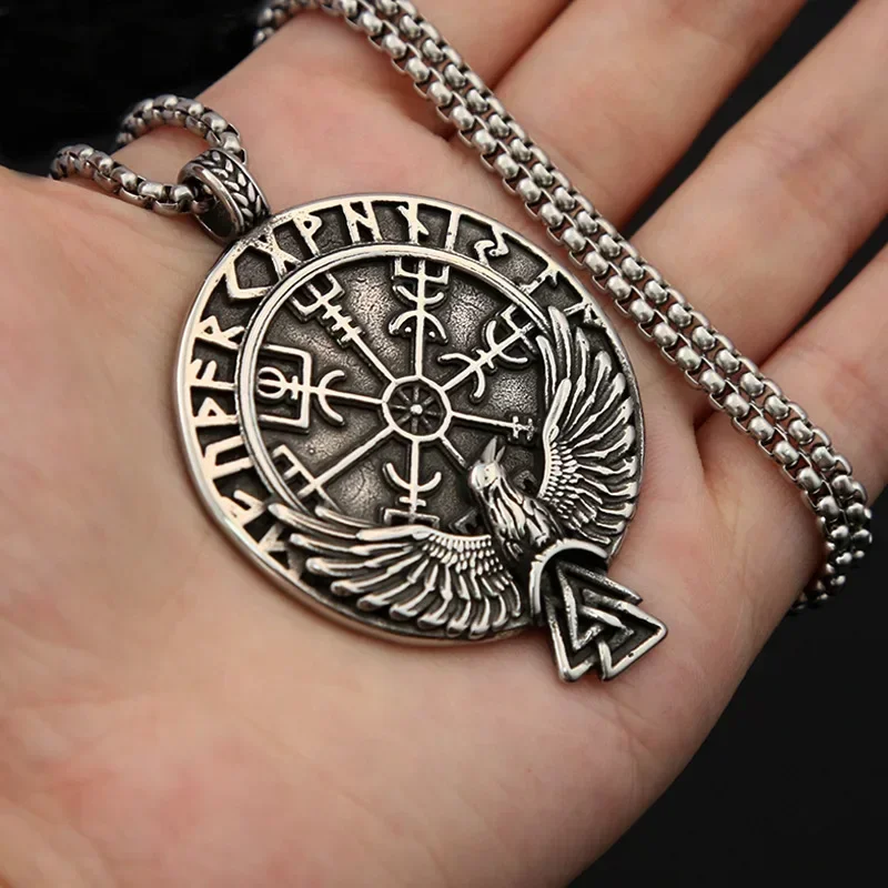 Nordic Compass Rune Triangle Knot Pendant Necklace Men's Vintage Odin's Raven Necklace Amulet Jewelry