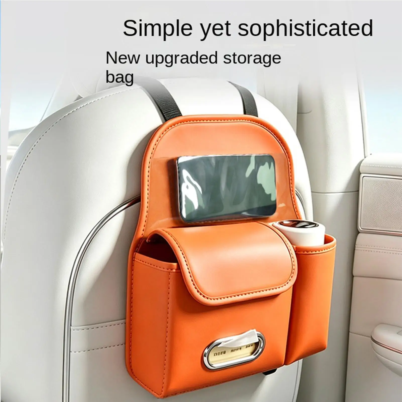 Back Seat Car Organizer PU Leather Vehicle Headrest Bag Back Seat Cup Holder For SUV Truck Travel Road Trip Cup Tissue Storage