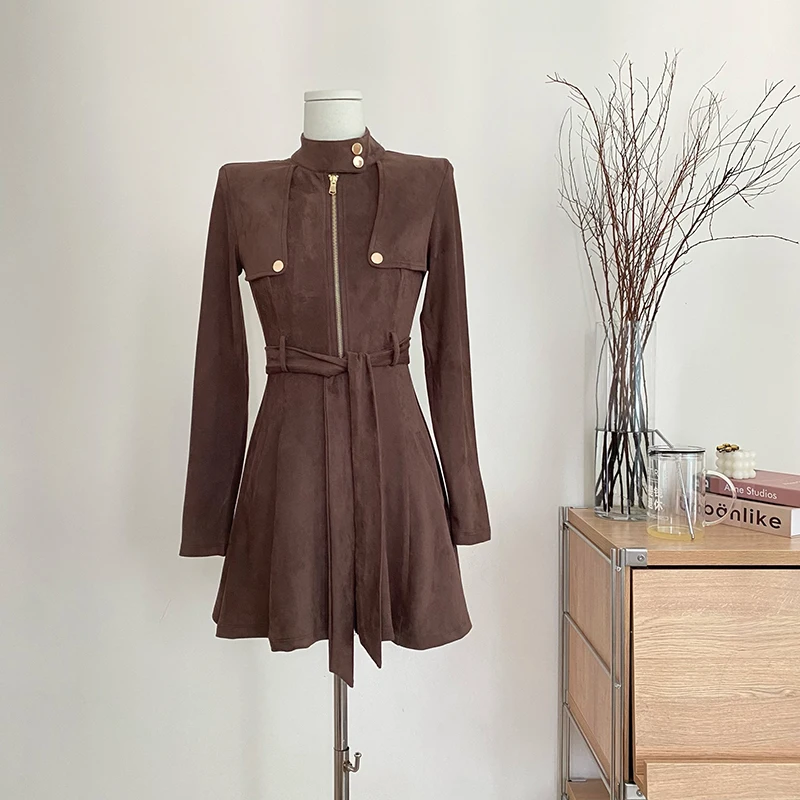 

Vintage Hot Girl Maillard Style Suede Chic Design Dress Women's Autumn/Winter Slim Fit Wrap Hip Short Dress Female Clothes