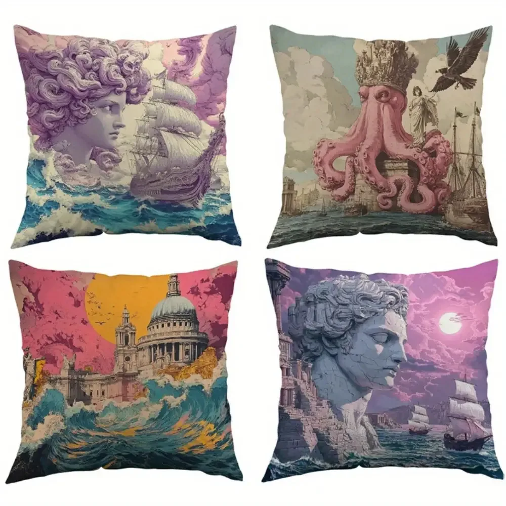 

double-sided Printed Pillow Covers Greek Statue Octopus City Throw Pillow Cases, Surreal Home Decor Cushion Covers for Couch Bed