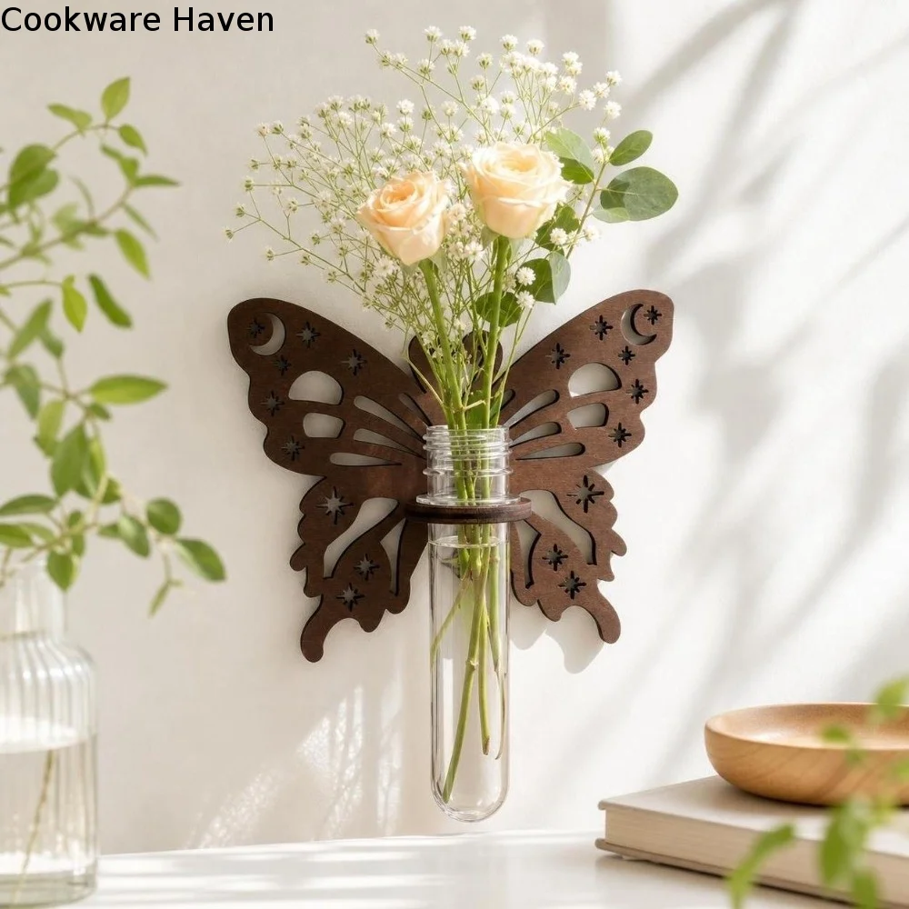 Wooden Hydroponic Planter Shelf Vase Butterfly-Shaped Wall Mounted Planter Home Ornaments Hollow Out Flower Pot Hydroponics