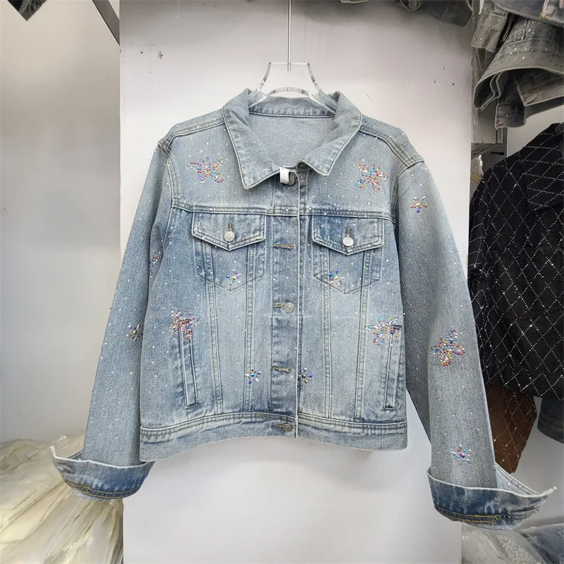 Heavy Work Beaded Butterfly Blue Short Jeans Jacket Autumn Women Casual Lapel Single-Breasted Long Sleeve Denim Jacket Female