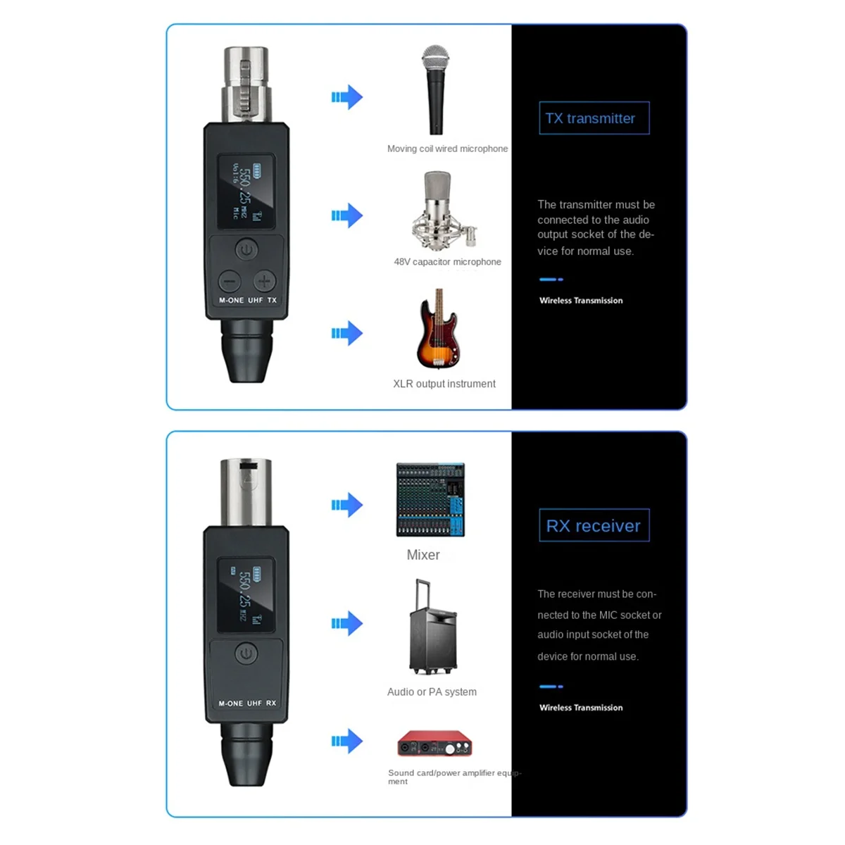 UHF Wireless Microphone Converter Transmitter Receiver for Dynamic Microphone Guitar Receiver Wireless Adapter