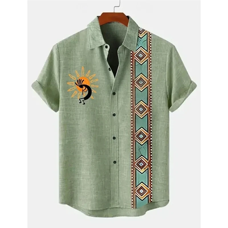 Vintage Ancient Rock Art Tribal Character Totem Pattern Unisex Short Sleeve Blouse Camp Collar Loose Vacation Shirt