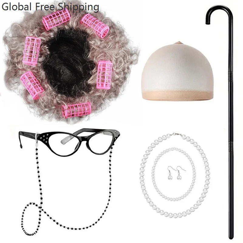 Girls 100th Day Of School Costume Old Lady Grandma Dress Up Accessories Set For Children Performance Halloween Carnival Roleplay