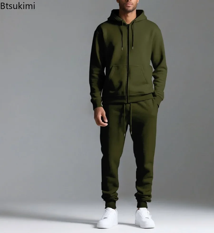 New Autumn Winter Men's Long Sleeve Pants Casual Sports Sets Fleece Warm Tracksuits Hooded Sweatshirts Sweatpants Two Piece Sets