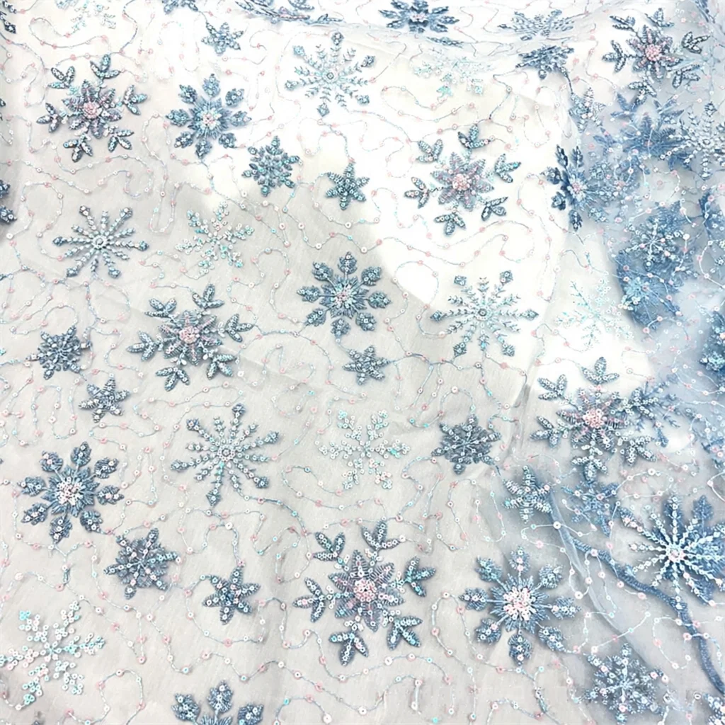 2 Yds 130cm Wide New Arrival Blue Pink Embroidered Sequin Bridal Fabric Snowflake Sequin Material for Dresses & Stage Costumes