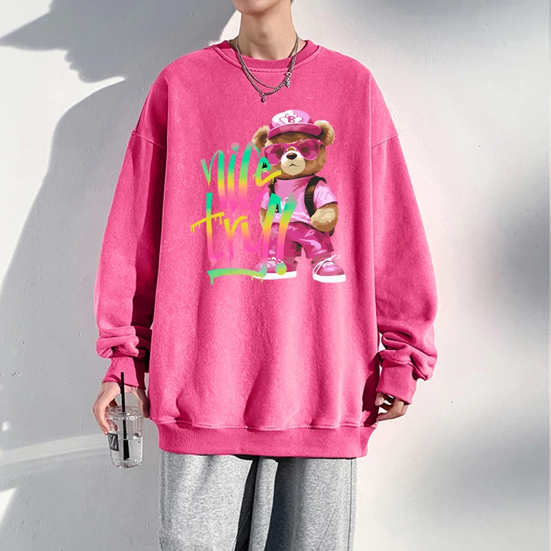 Cartoon Little Bear Printed Washed Distressed Cotton Hoody Male Autumn Crewneck Retro Hoodies Casual Oversized Sportswear Men